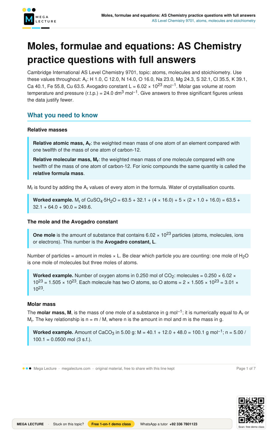 Page 1 of Moles, formulae and equations: AS Chemistry practice questions with full answers