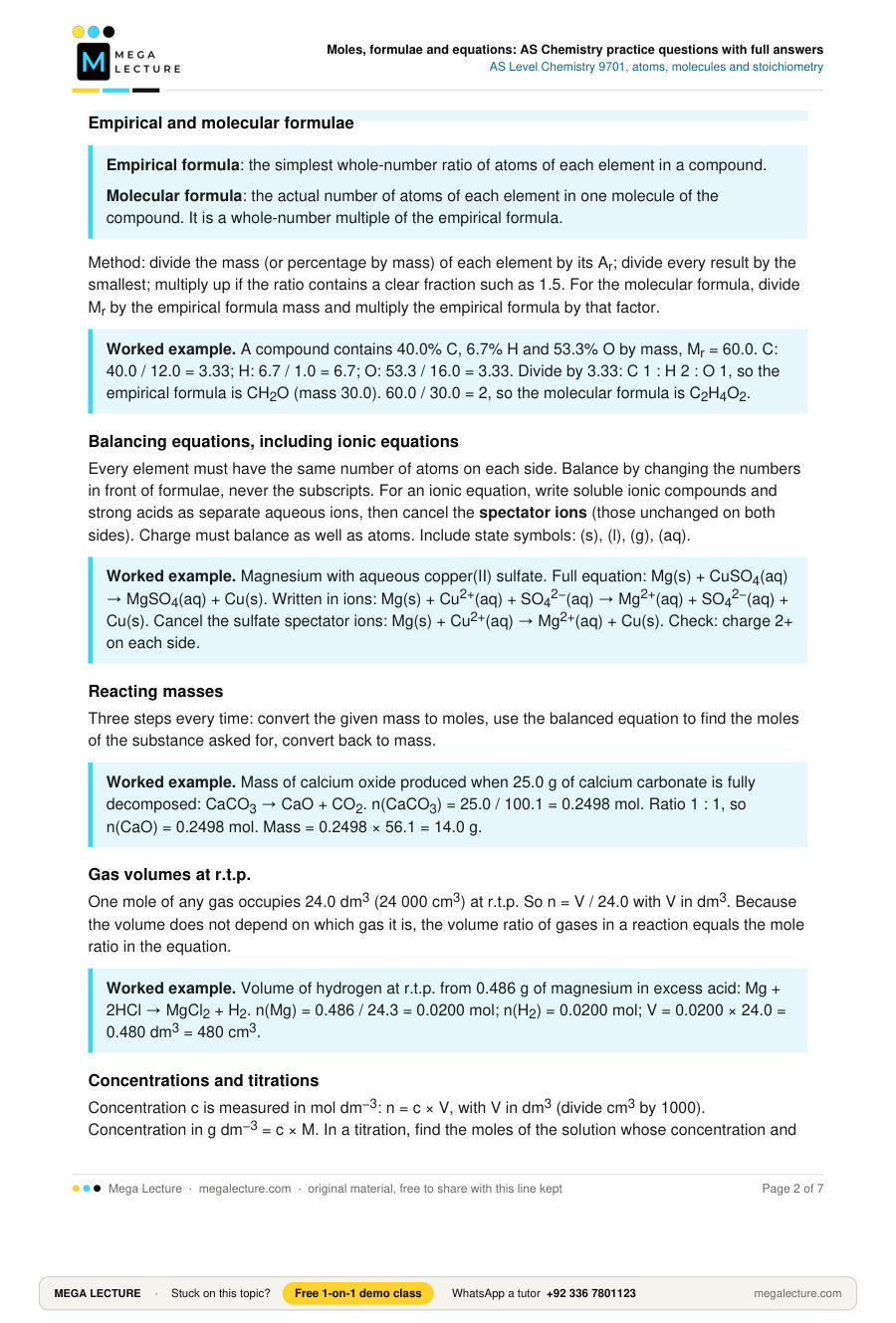 Page 2 of Moles, formulae and equations: AS Chemistry practice questions with full answers