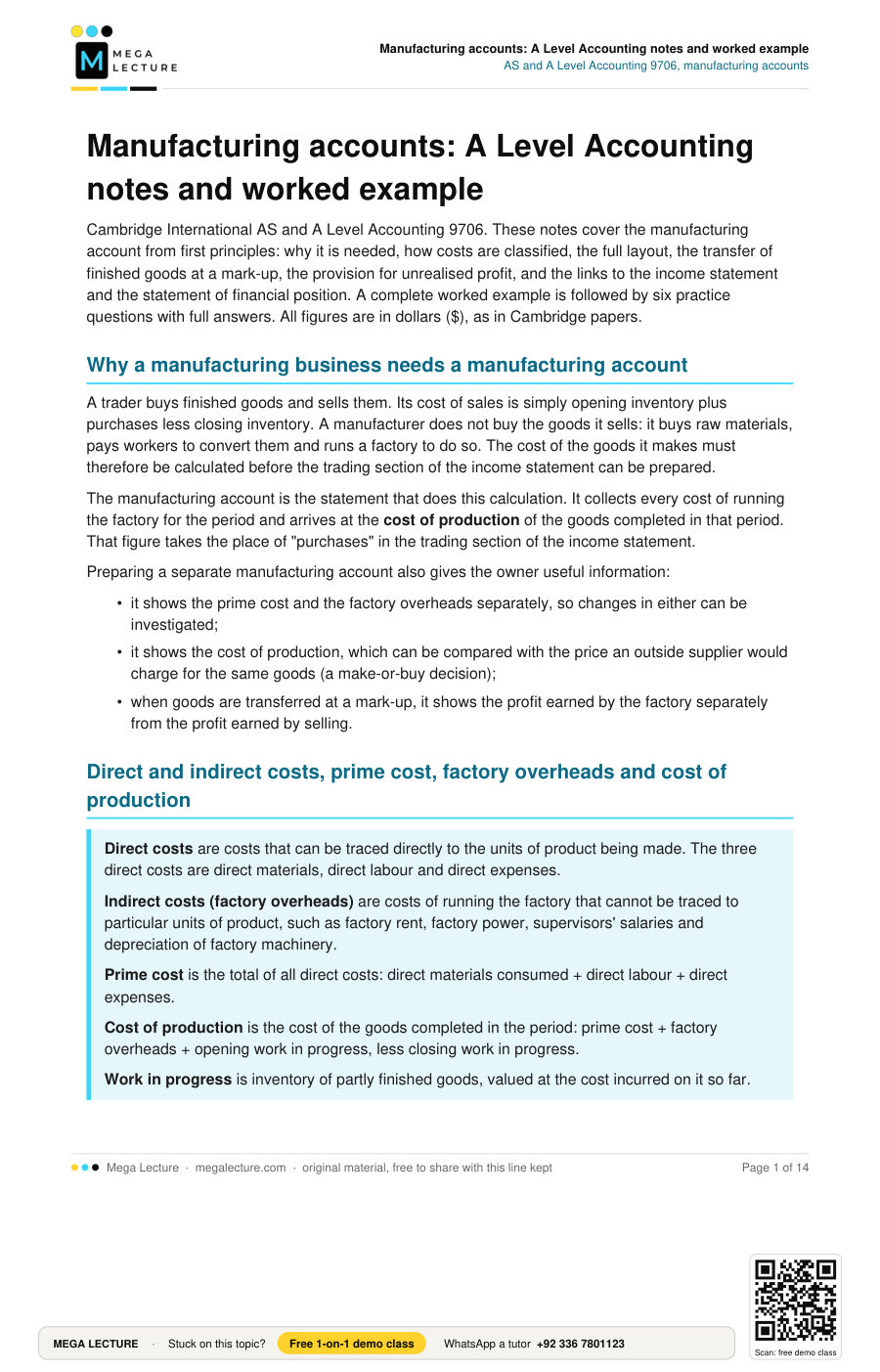 Page 1 of Manufacturing accounts: A Level Accounting notes and worked example