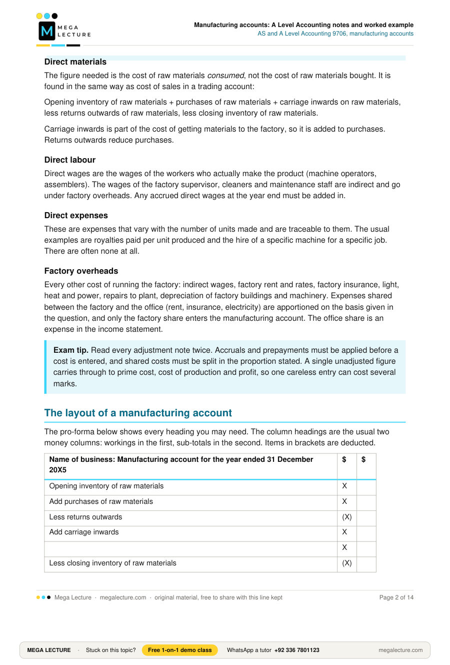 Page 2 of Manufacturing accounts: A Level Accounting notes and worked example