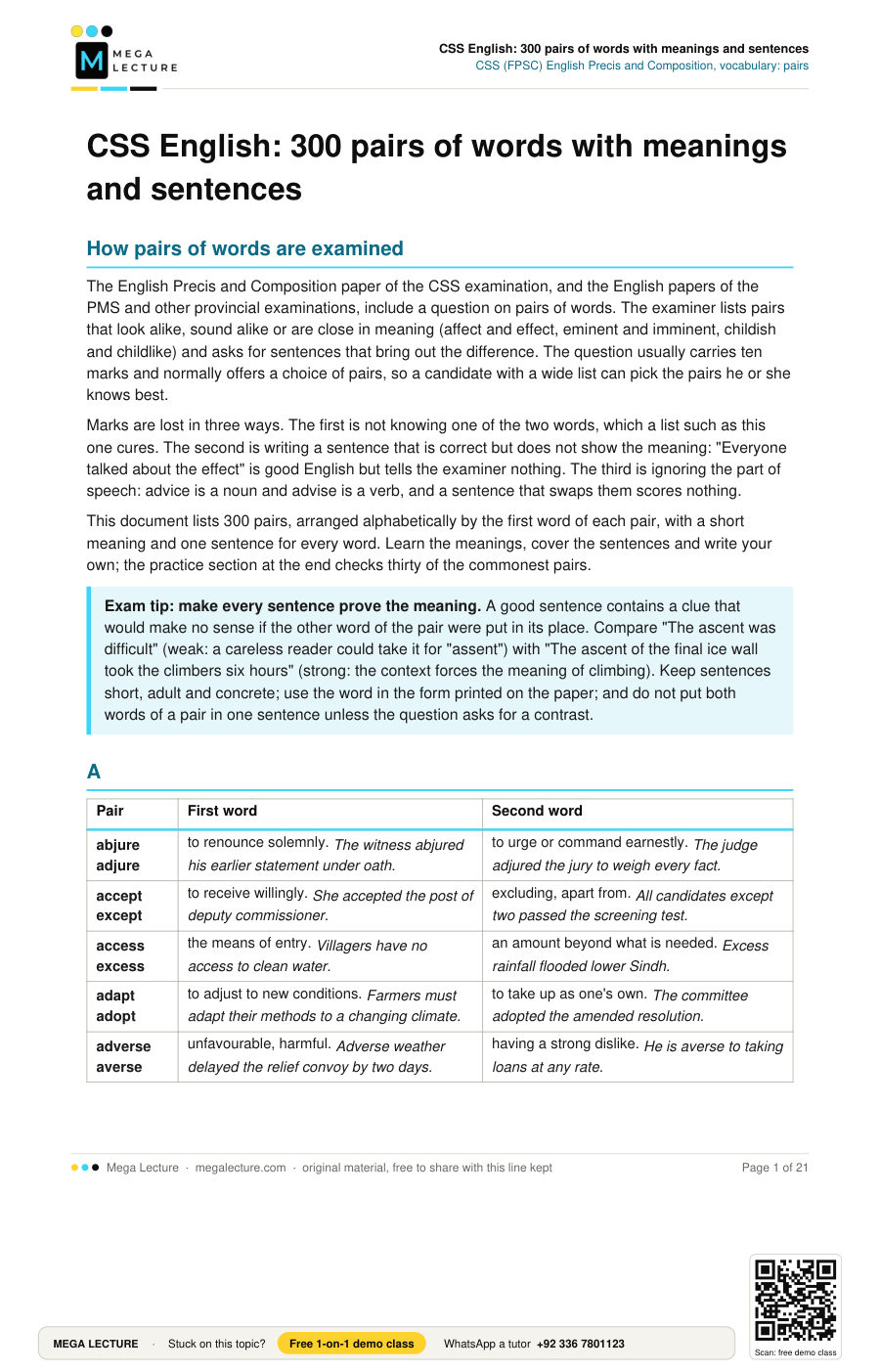 Page 1 of CSS English: 300 pairs of words with meanings and sentences