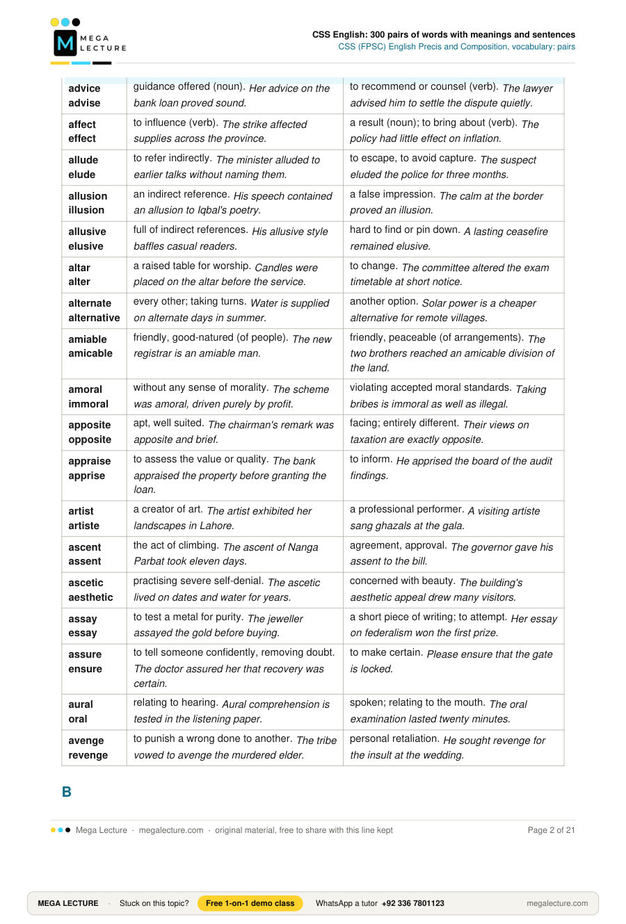 Page 2 of CSS English: 300 pairs of words with meanings and sentences