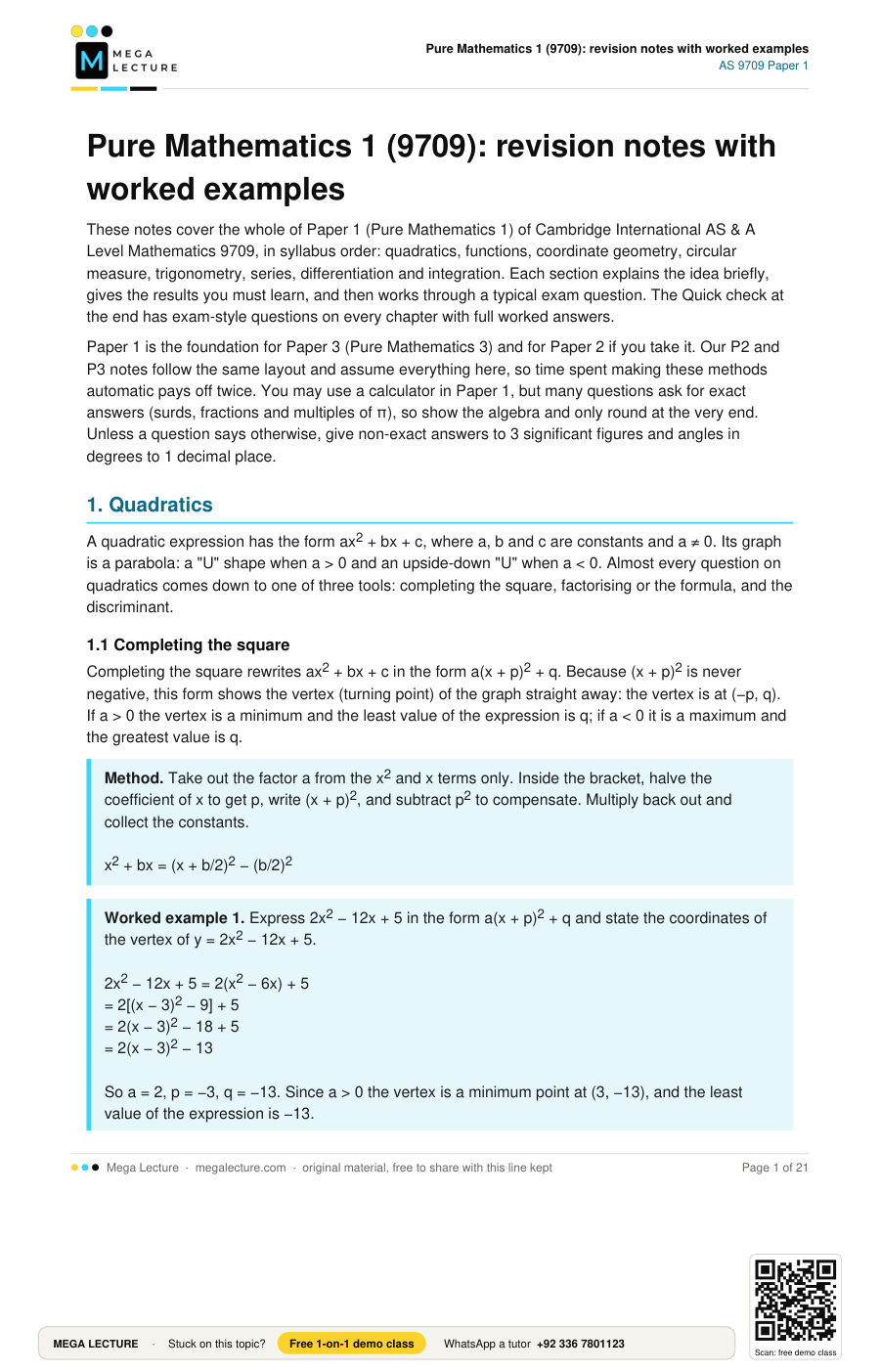 Page 1 of Pure Mathematics 1 (9709): revision notes with worked examples