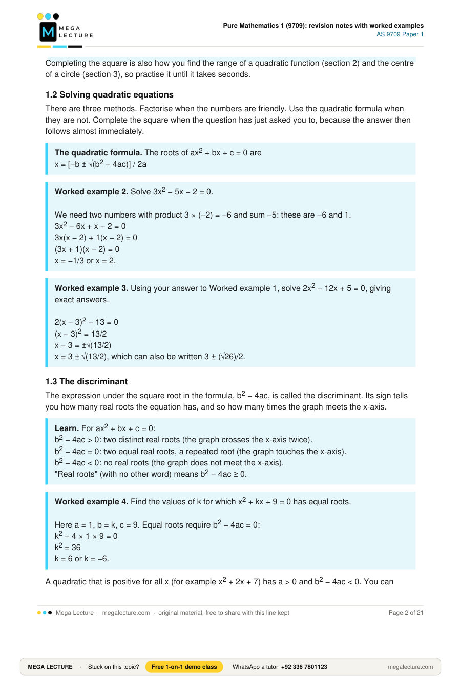 Page 2 of Pure Mathematics 1 (9709): revision notes with worked examples