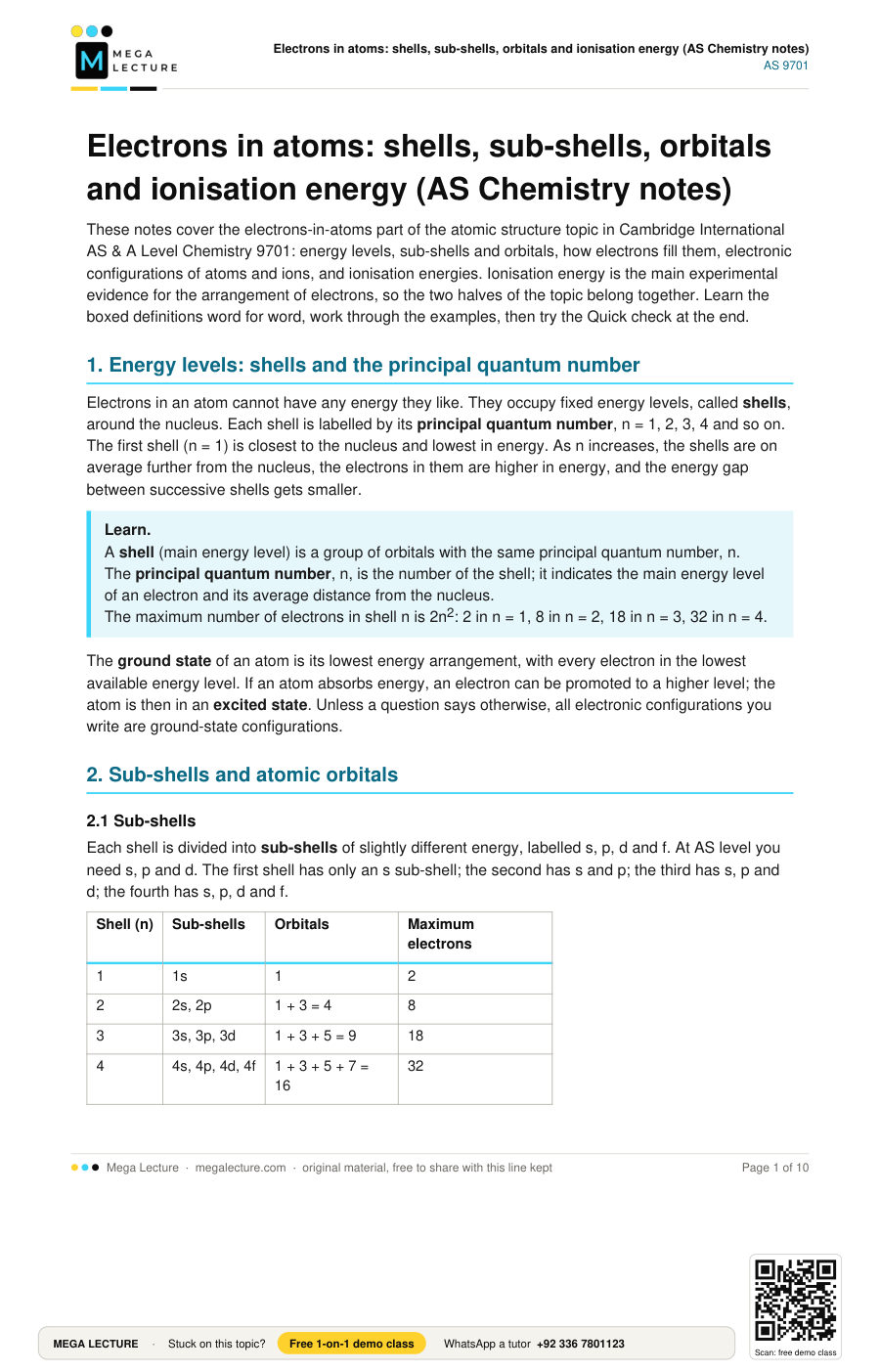 Page 1 of Electrons in atoms: shells, sub-shells, orbitals and ionisation energy (AS Chemistry notes)