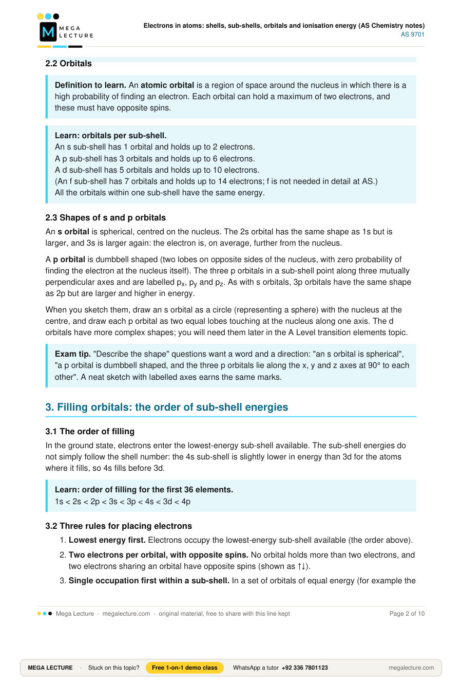 Page 2 of Electrons in atoms: shells, sub-shells, orbitals and ionisation energy (AS Chemistry notes)