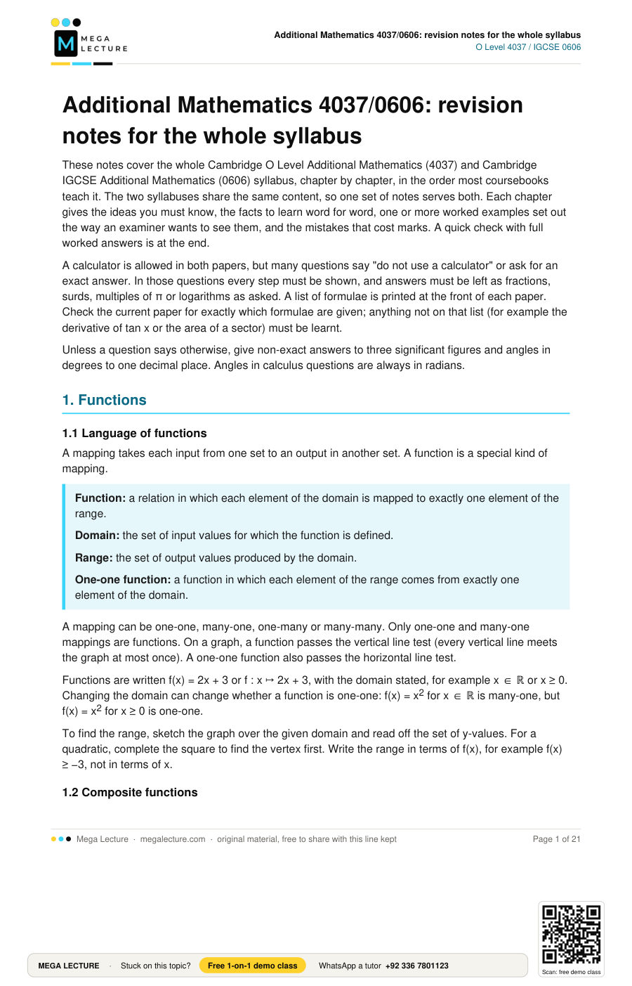 Page 1 of Additional Mathematics 4037/0606: revision notes for the whole syllabus