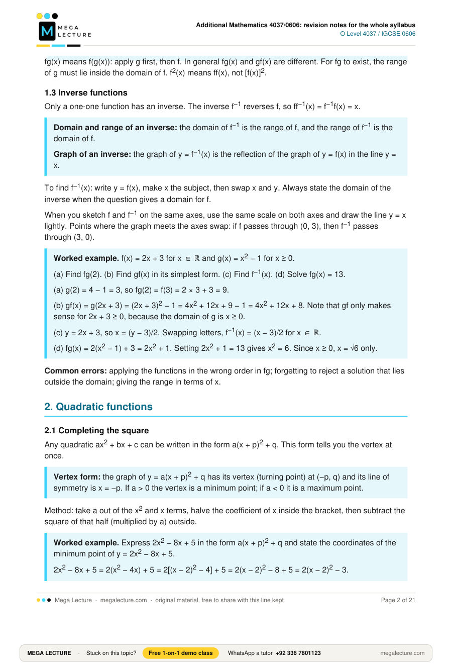 Page 2 of Additional Mathematics 4037/0606: revision notes for the whole syllabus