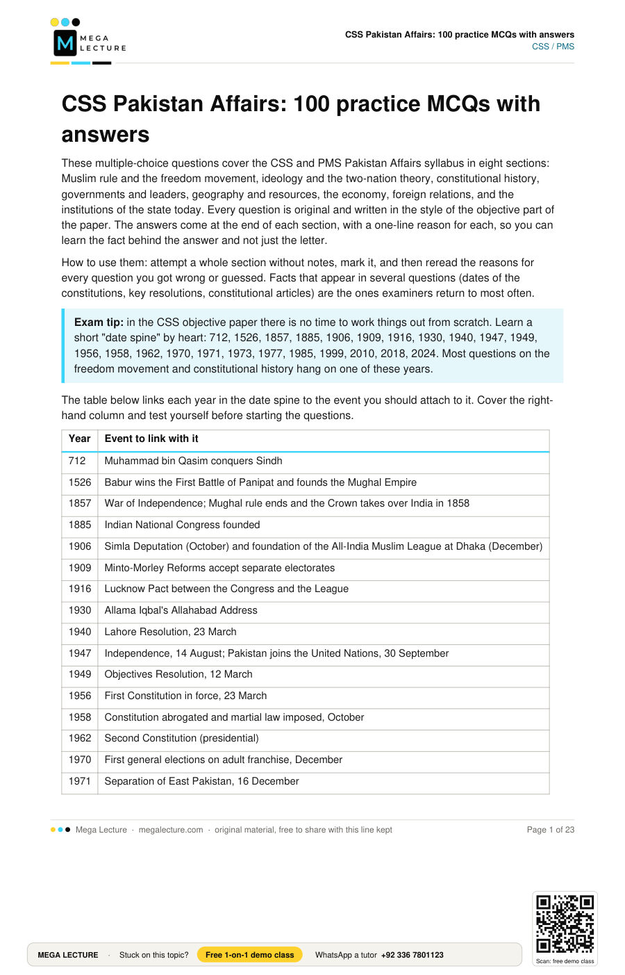 Page 1 of CSS Pakistan Affairs: 100 practice MCQs with answers