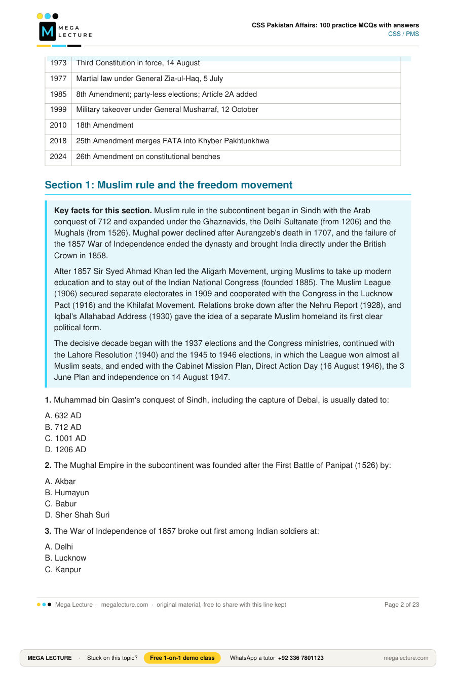 Page 2 of CSS Pakistan Affairs: 100 practice MCQs with answers