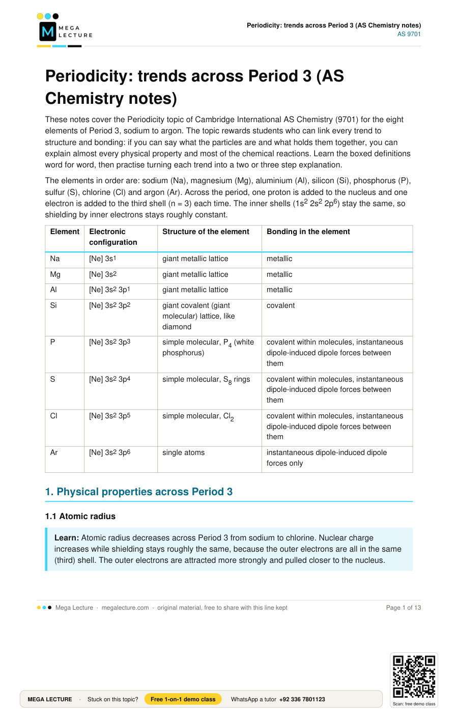 Page 1 of Periodicity: trends across Period 3 (AS Chemistry notes)