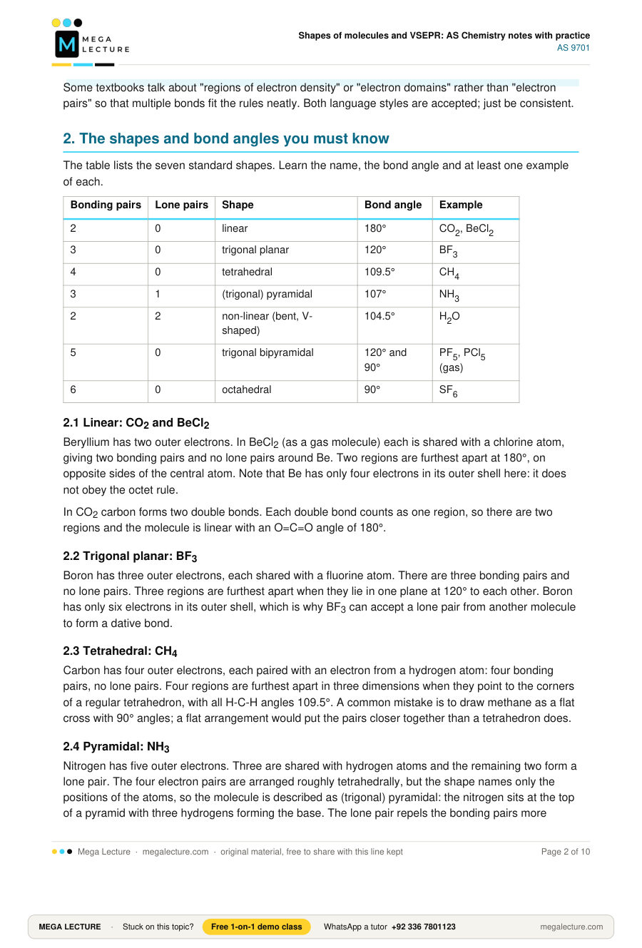 Page 2 of Shapes of molecules and VSEPR: AS Chemistry notes with practice