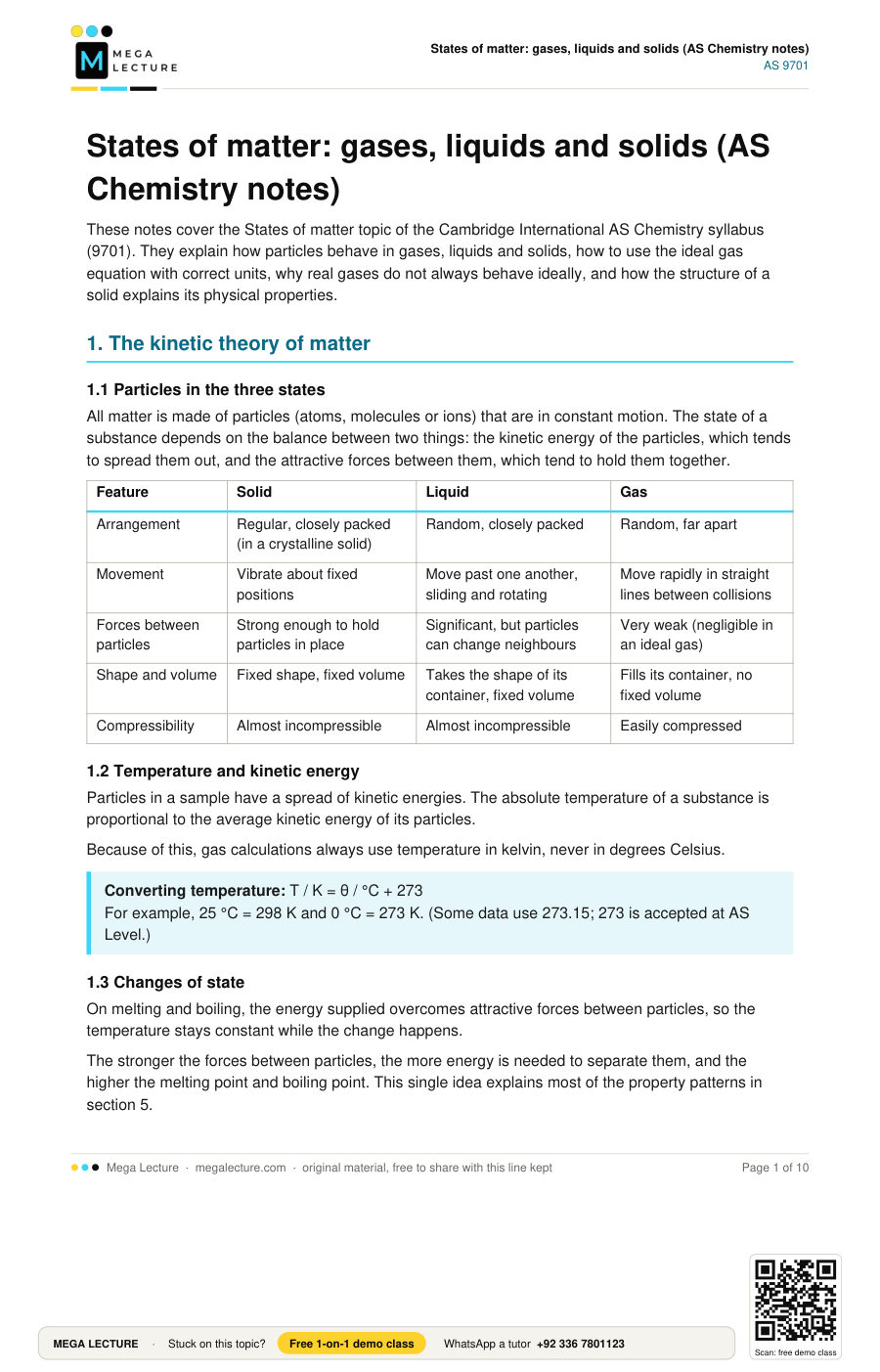 Page 1 of States of matter: gases, liquids and solids (AS Chemistry notes)