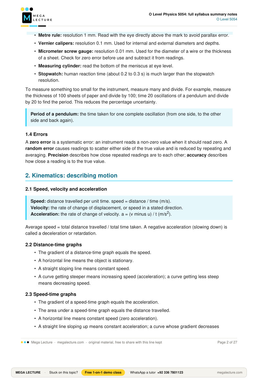Page 2 of O Level Physics 5054: full syllabus summary notes