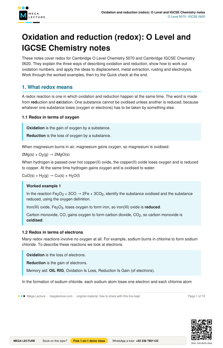 Page 1 of Oxidation and reduction (redox): O Level and IGCSE Chemistry notes