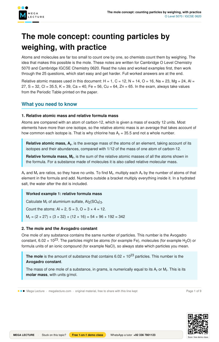 Page 1 of The mole concept: counting particles by weighing, with practice