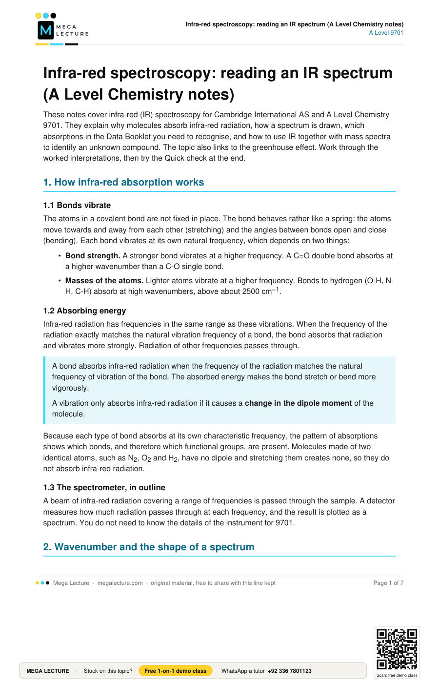 Page 1 of Infra-red spectroscopy: reading an IR spectrum (A Level Chemistry notes)