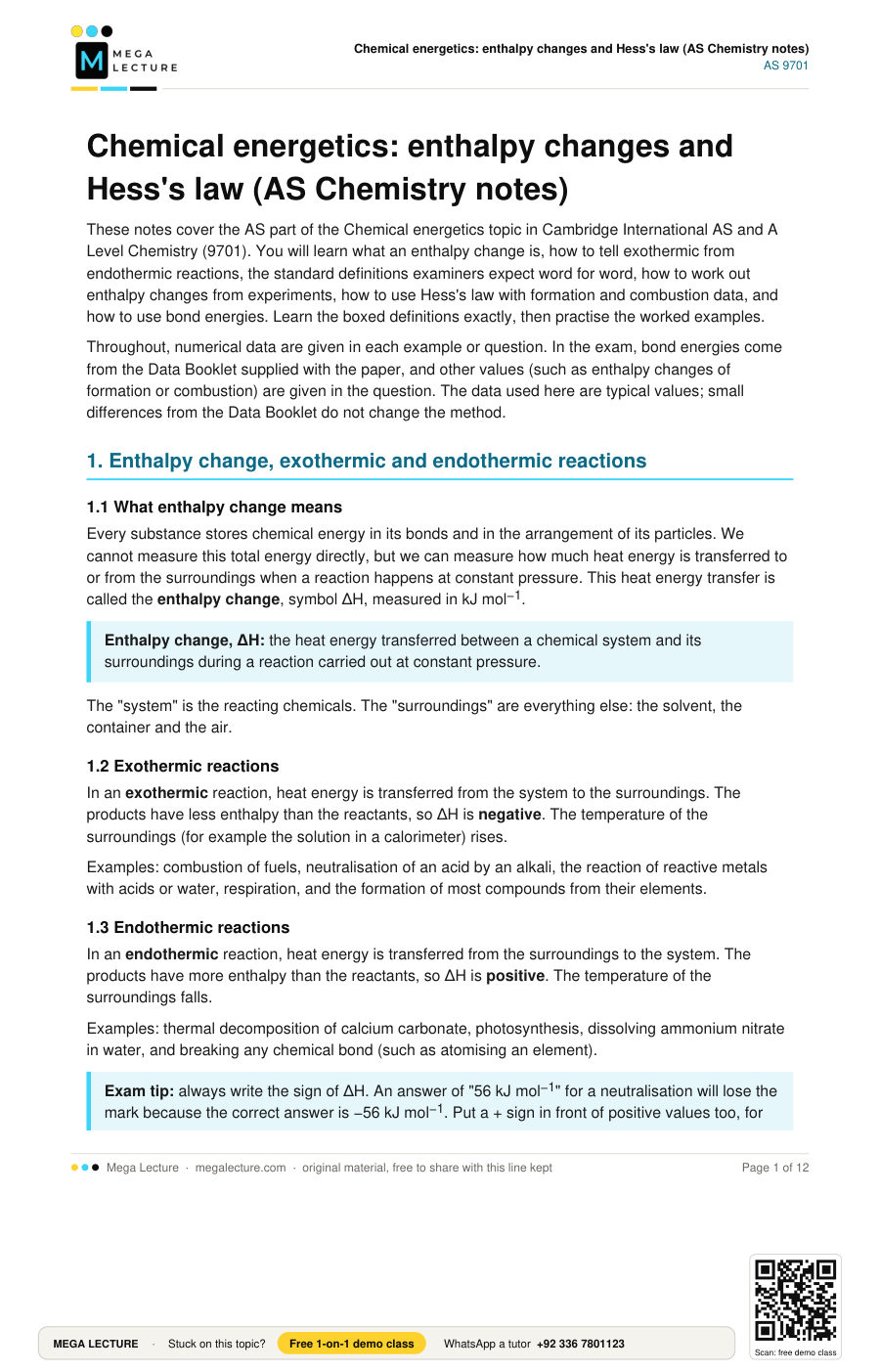 Page 1 of Chemical energetics: enthalpy changes and Hess’s law (AS Chemistry notes)