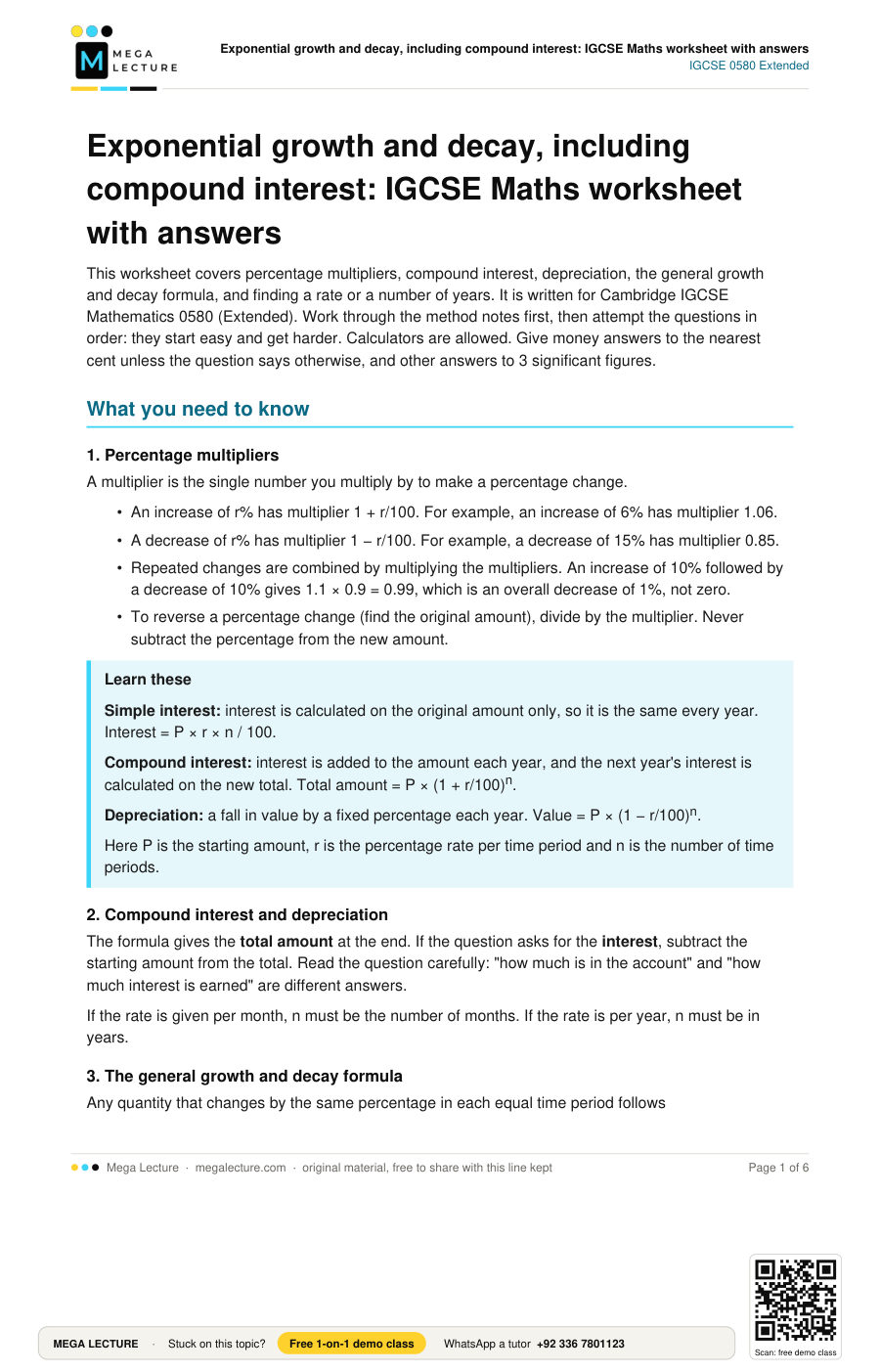 Page 1 of Exponential growth and decay, including compound interest: IGCSE Maths worksheet with answers