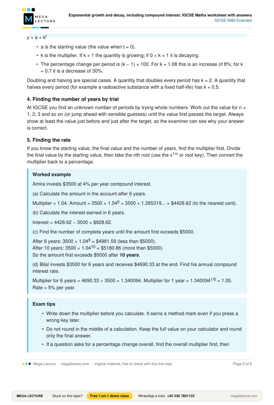Page 2 of Exponential growth and decay, including compound interest: IGCSE Maths worksheet with answers