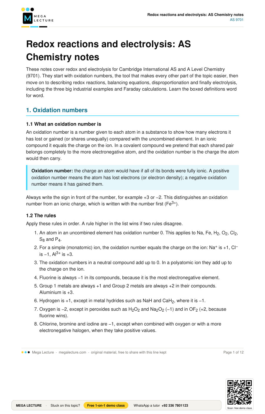 Page 1 of Redox reactions and electrolysis: AS Chemistry notes
