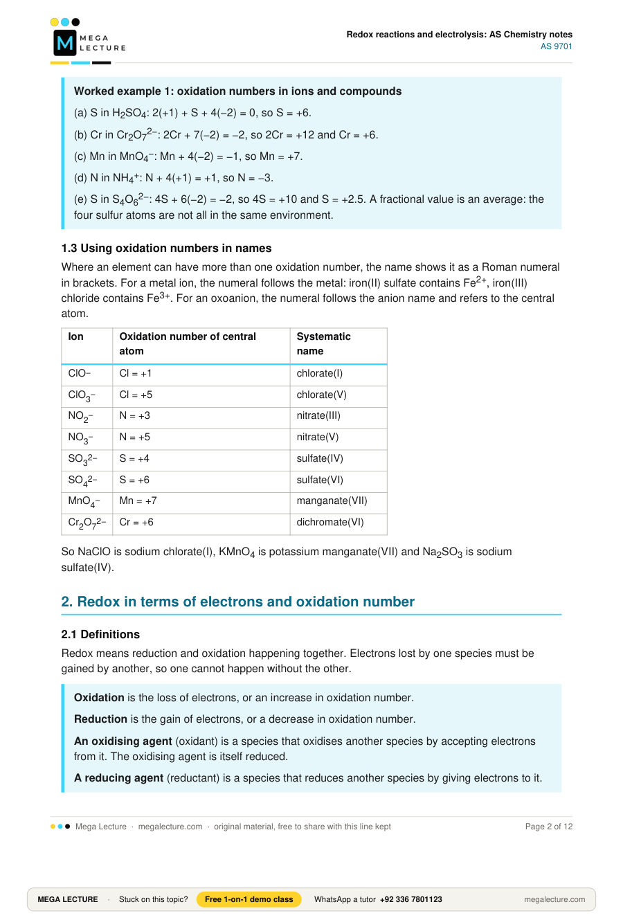 Page 2 of Redox reactions and electrolysis: AS Chemistry notes