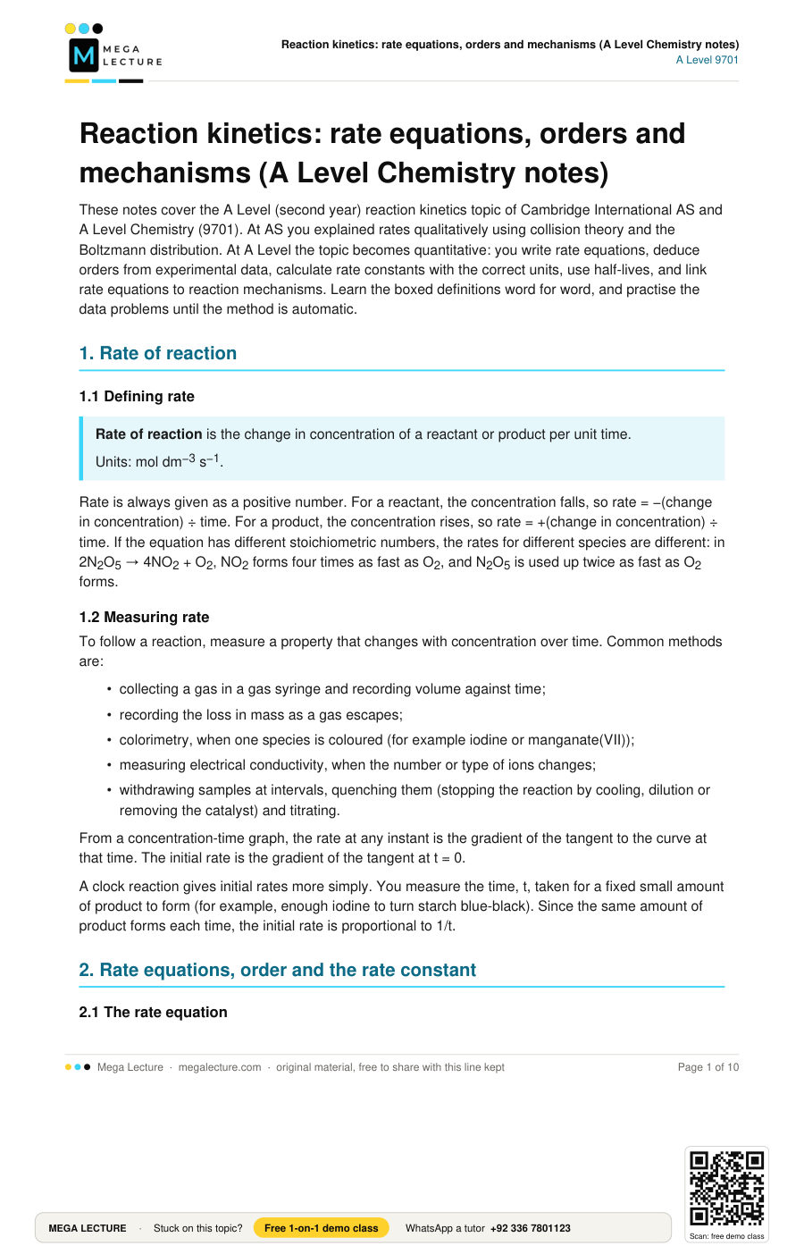 Page 1 of Reaction kinetics: rate equations, orders and mechanisms (A Level Chemistry notes)