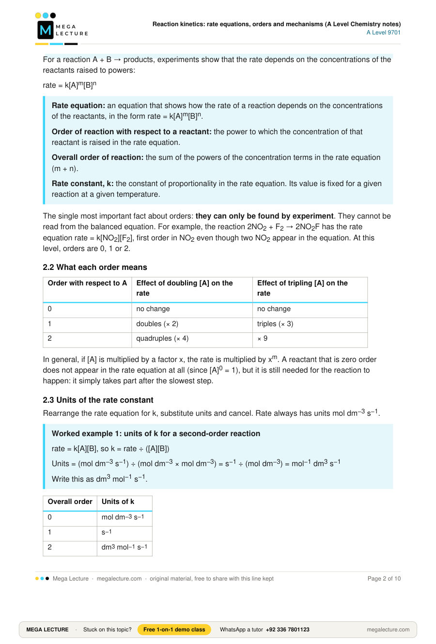 Page 2 of Reaction kinetics: rate equations, orders and mechanisms (A Level Chemistry notes)