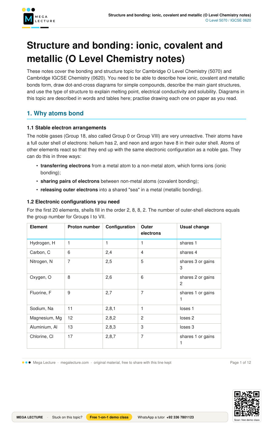 Page 1 of Structure and bonding: ionic, covalent and metallic (O Level Chemistry notes)
