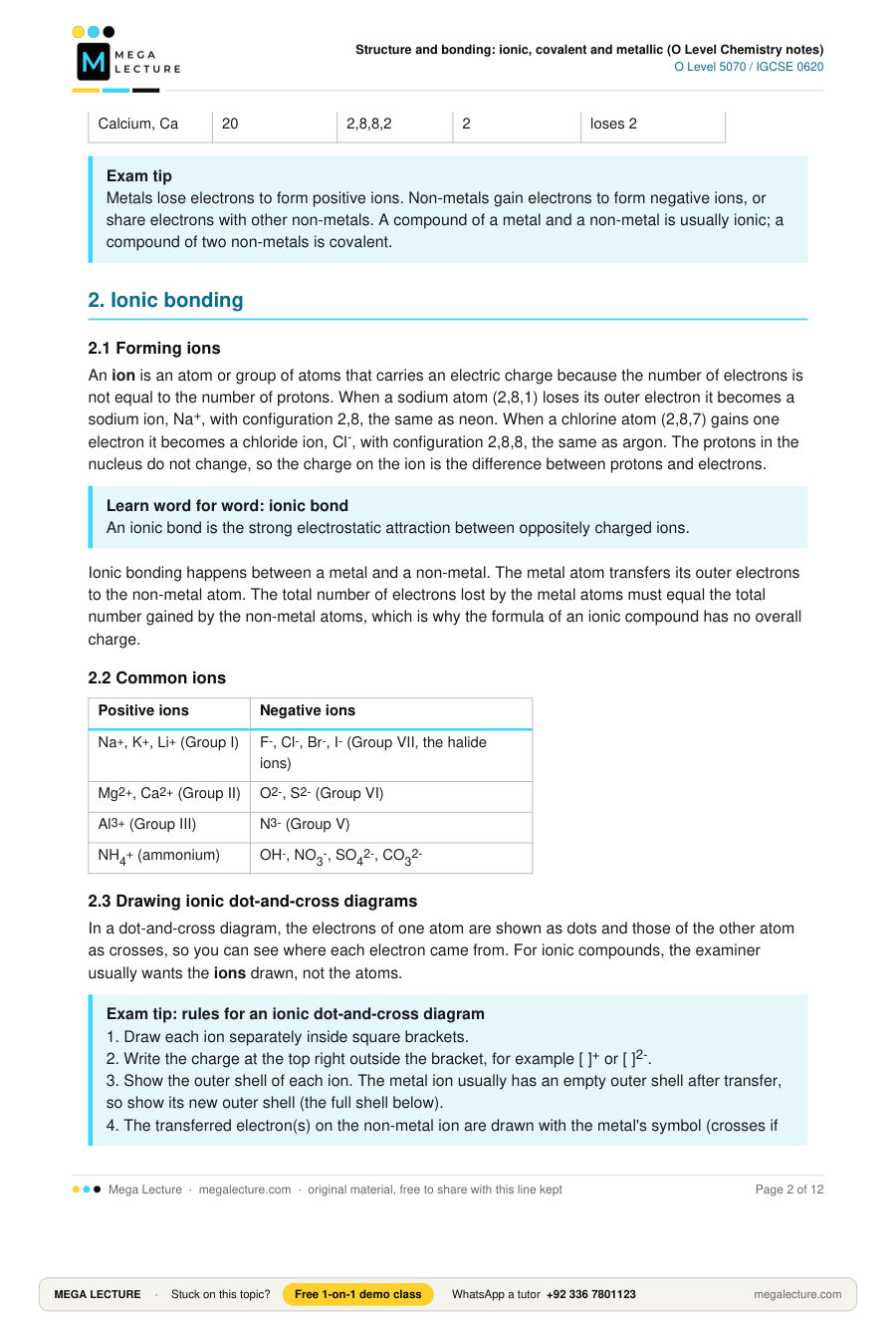 Page 2 of Structure and bonding: ionic, covalent and metallic (O Level Chemistry notes)