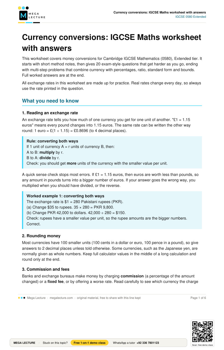 Currency conversions: IGCSE Maths worksheet with answers | O Level ...