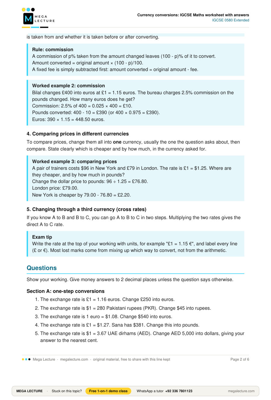 Currency conversions: IGCSE Maths worksheet with answers | O Level ...