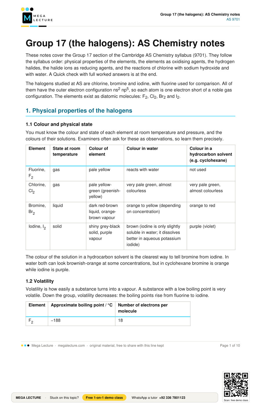 Page 1 of Group 17 (the halogens): AS Chemistry notes