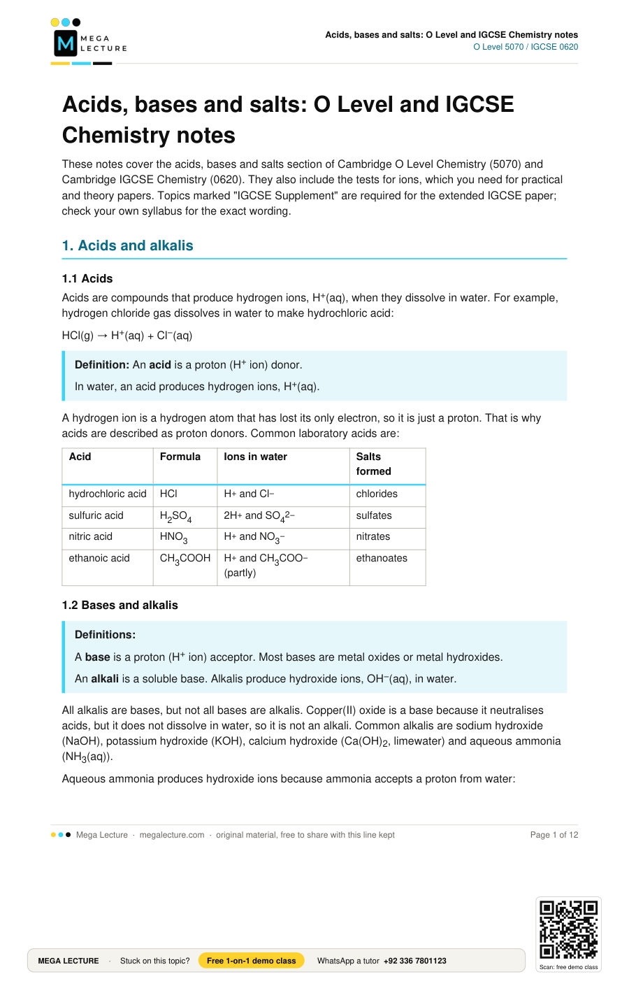 Page 1 of Acids, bases and salts: O Level and IGCSE Chemistry notes