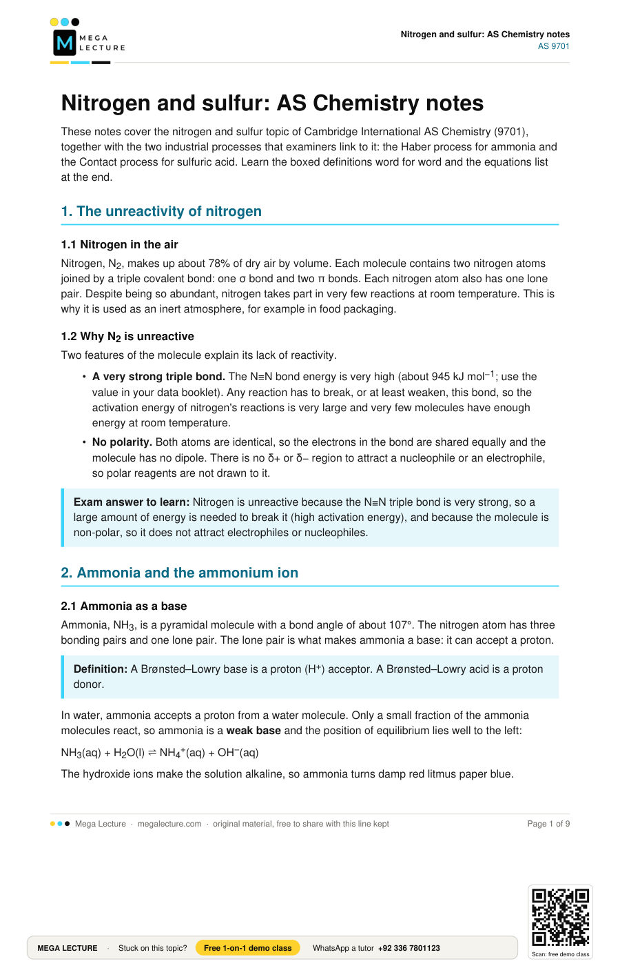 Page 1 of Nitrogen and sulfur: AS Chemistry notes
