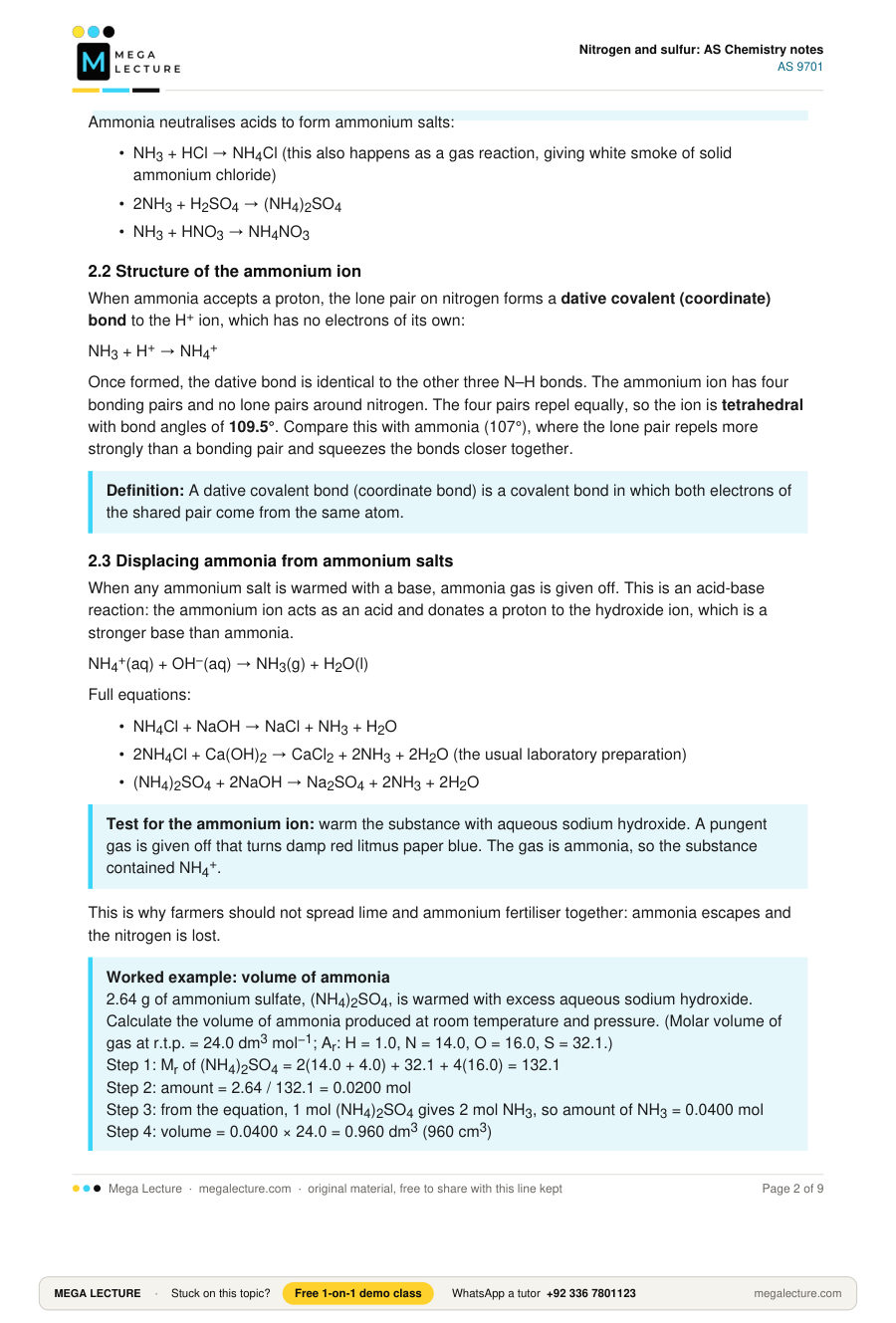 Page 2 of Nitrogen and sulfur: AS Chemistry notes