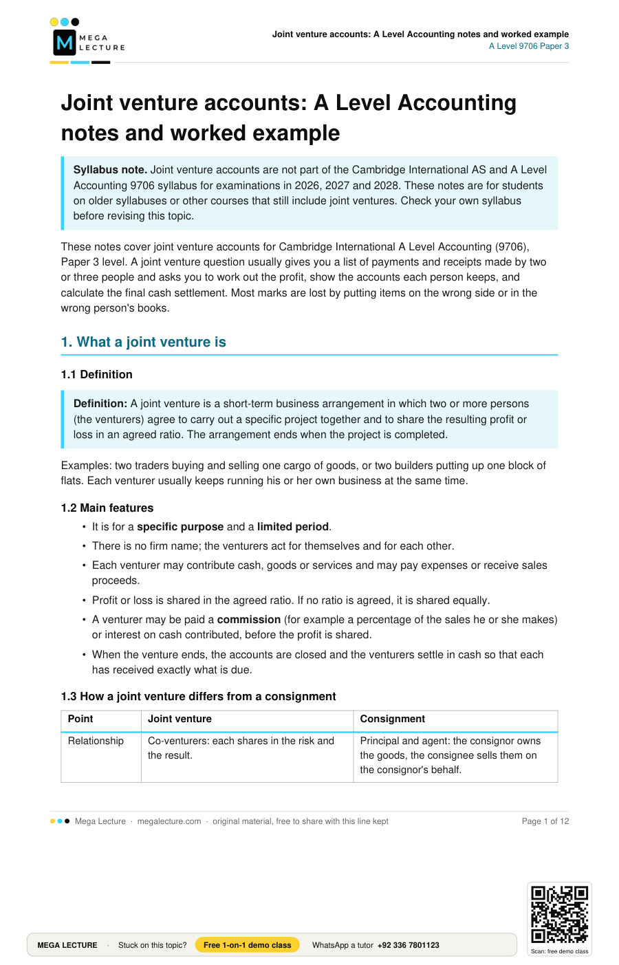 Page 1 of Joint venture accounts: A Level Accounting notes and worked example