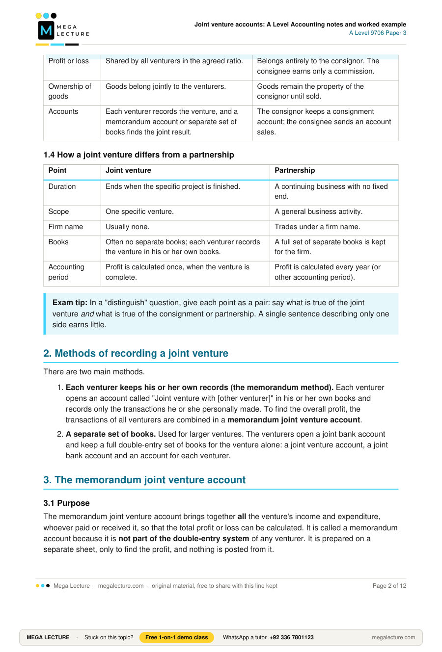 Page 2 of Joint venture accounts: A Level Accounting notes and worked example