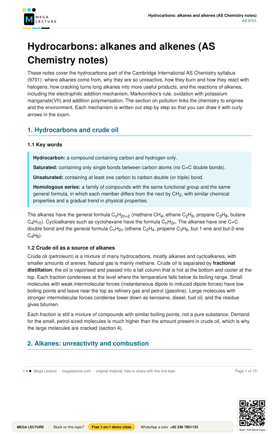 Page 1 of Hydrocarbons: alkanes and alkenes (AS Chemistry notes)