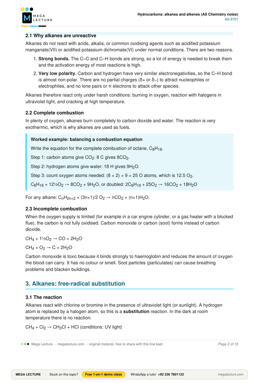 Page 2 of Hydrocarbons: alkanes and alkenes (AS Chemistry notes)