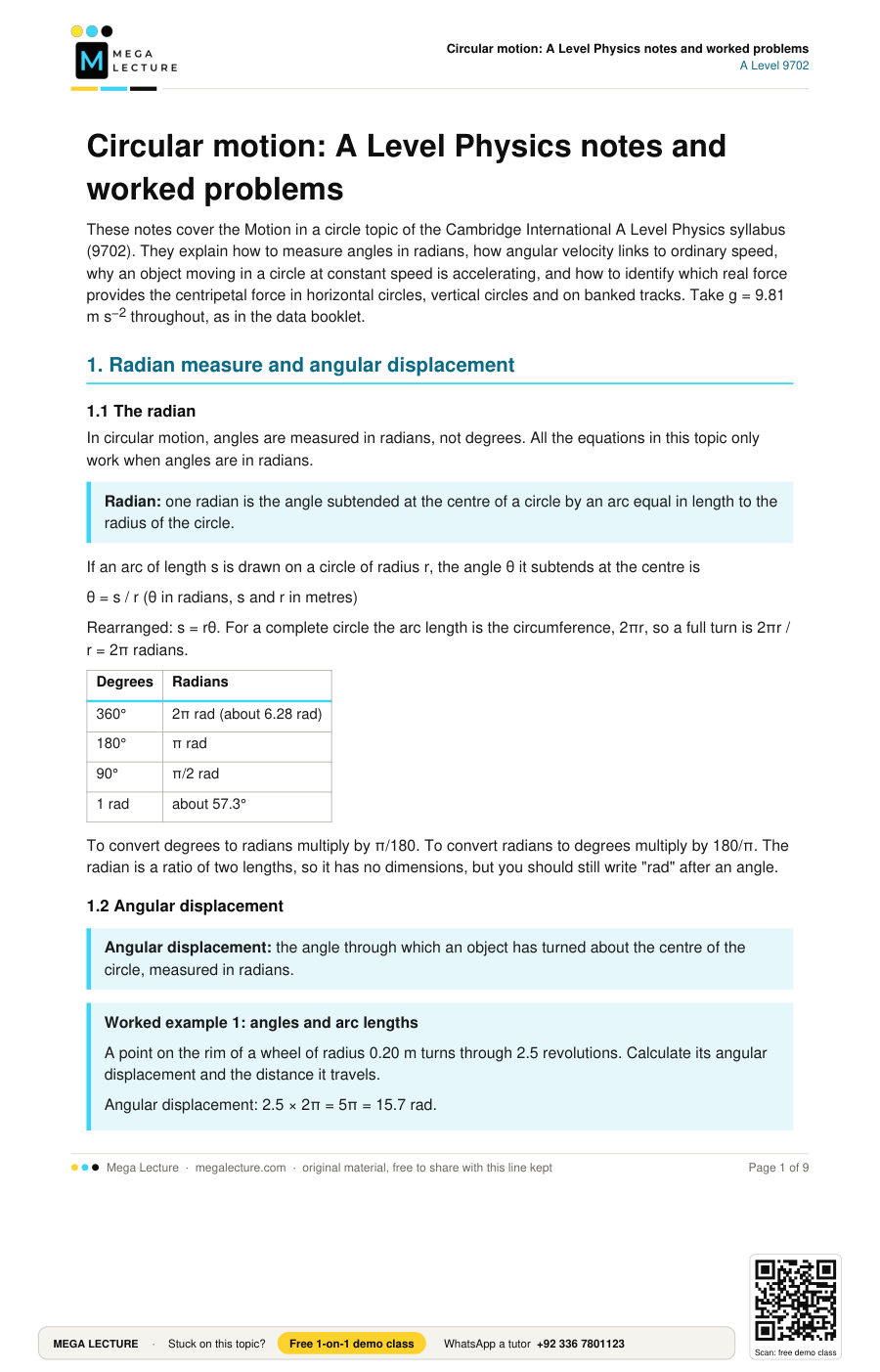 Page 1 of Circular motion: A Level Physics notes and worked problems