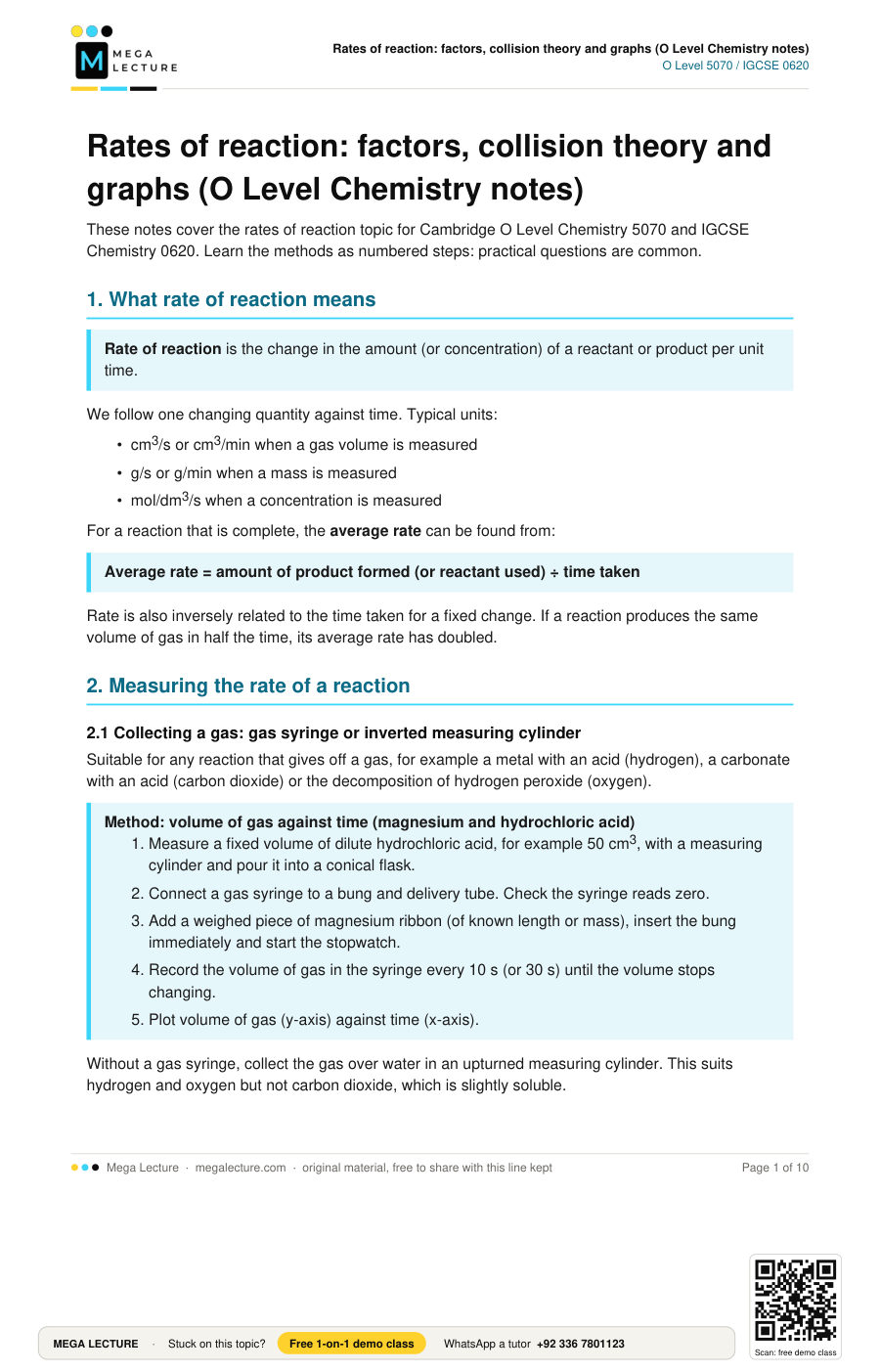 Page 1 of Rates of reaction: factors, collision theory and graphs (O Level Chemistry notes)