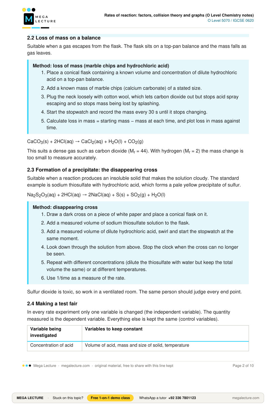 Page 2 of Rates of reaction: factors, collision theory and graphs (O Level Chemistry notes)