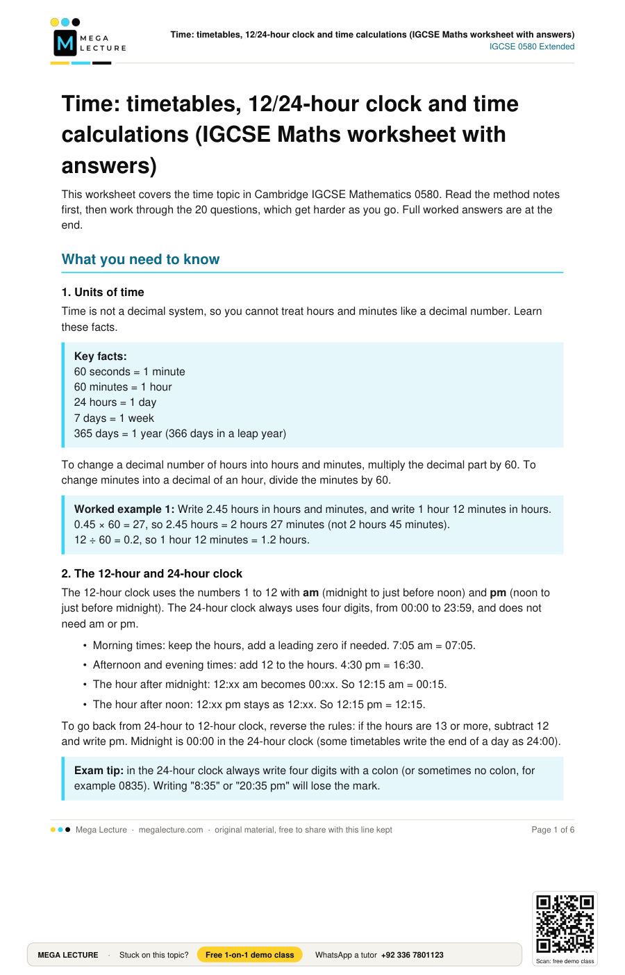 Page 1 of Time: timetables, 12/24-hour clock and time calculations (IGCSE Maths worksheet with answers)