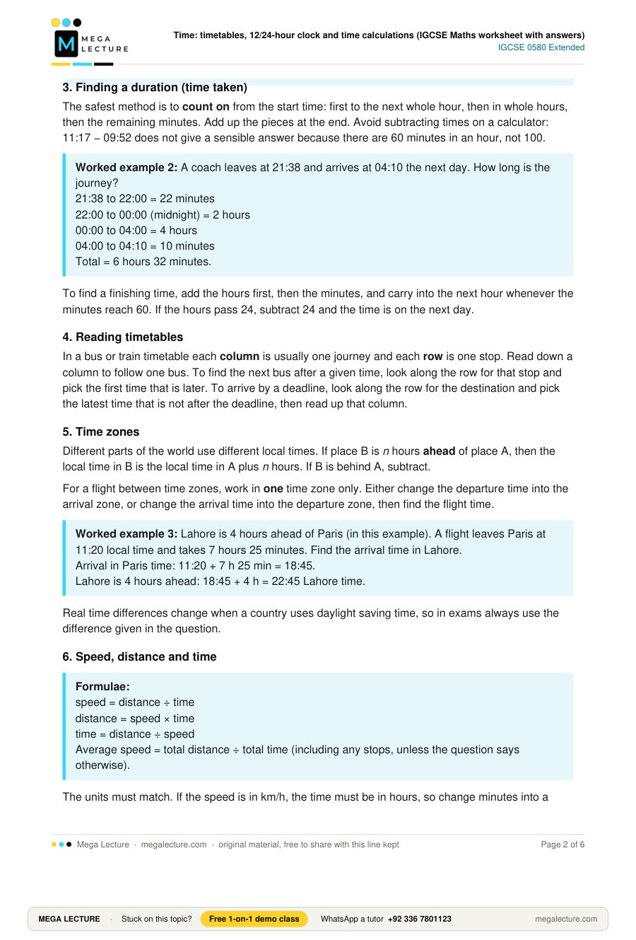 Page 2 of Time: timetables, 12/24-hour clock and time calculations (IGCSE Maths worksheet with answers)