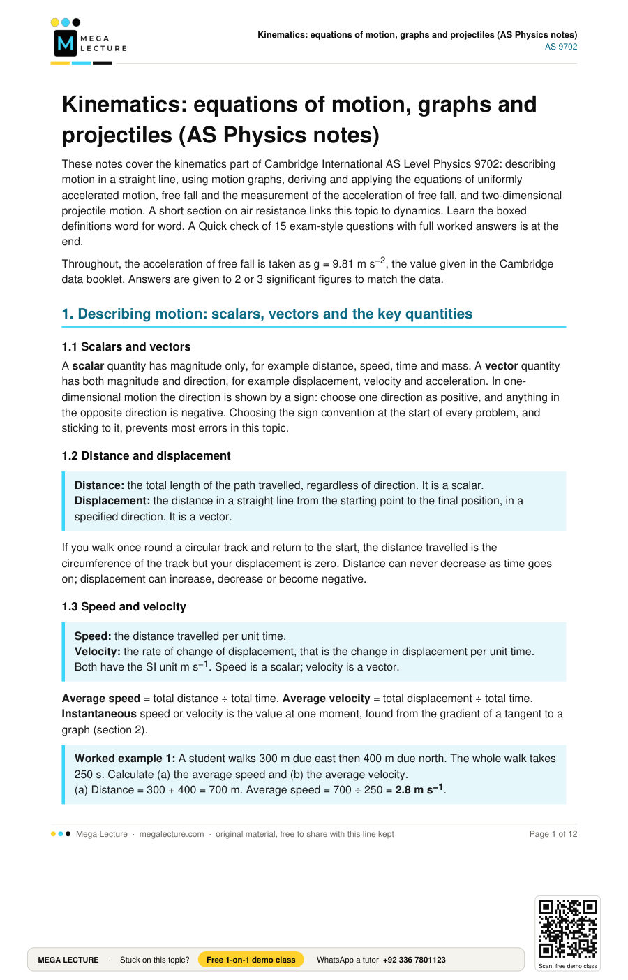 Page 1 of Kinematics: equations of motion, graphs and projectiles (AS Physics notes)