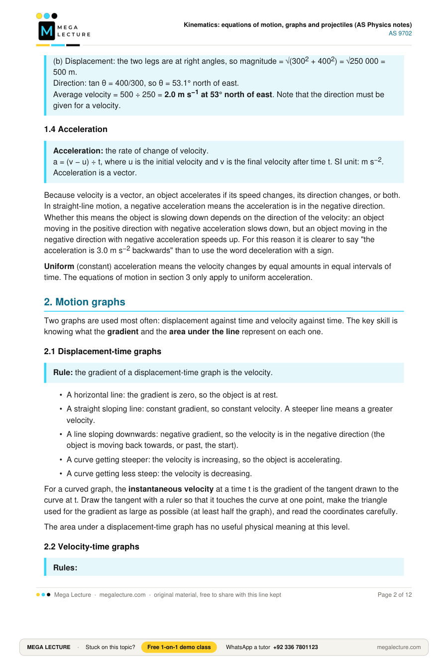 Page 2 of Kinematics: equations of motion, graphs and projectiles (AS Physics notes)