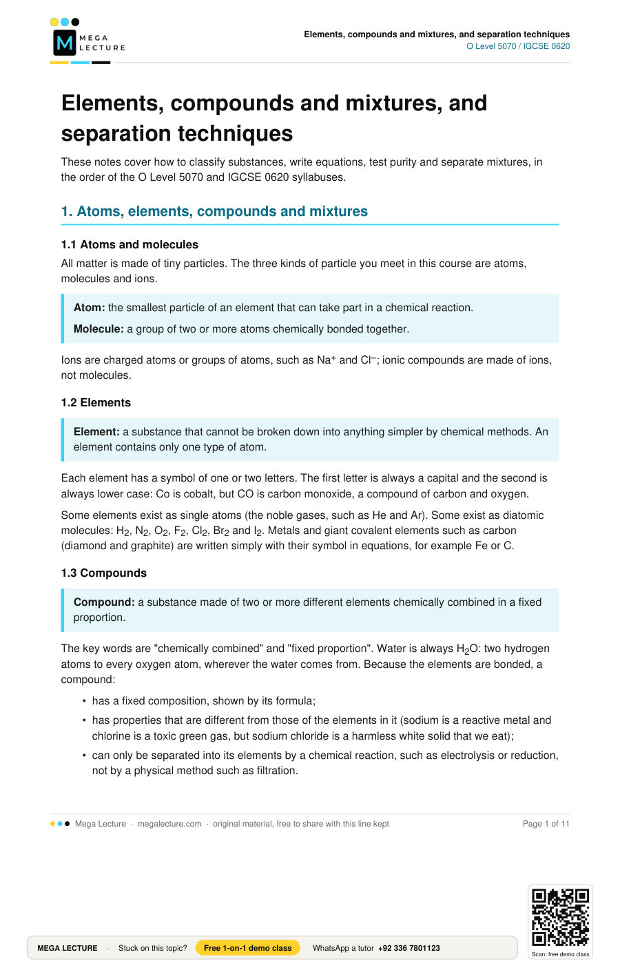 Page 1 of Elements, compounds and mixtures, and separation techniques