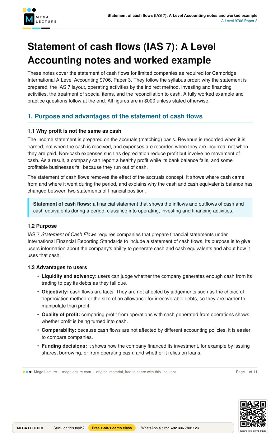 Page 1 of Statement of cash flows (IAS 7): A Level Accounting notes and worked example