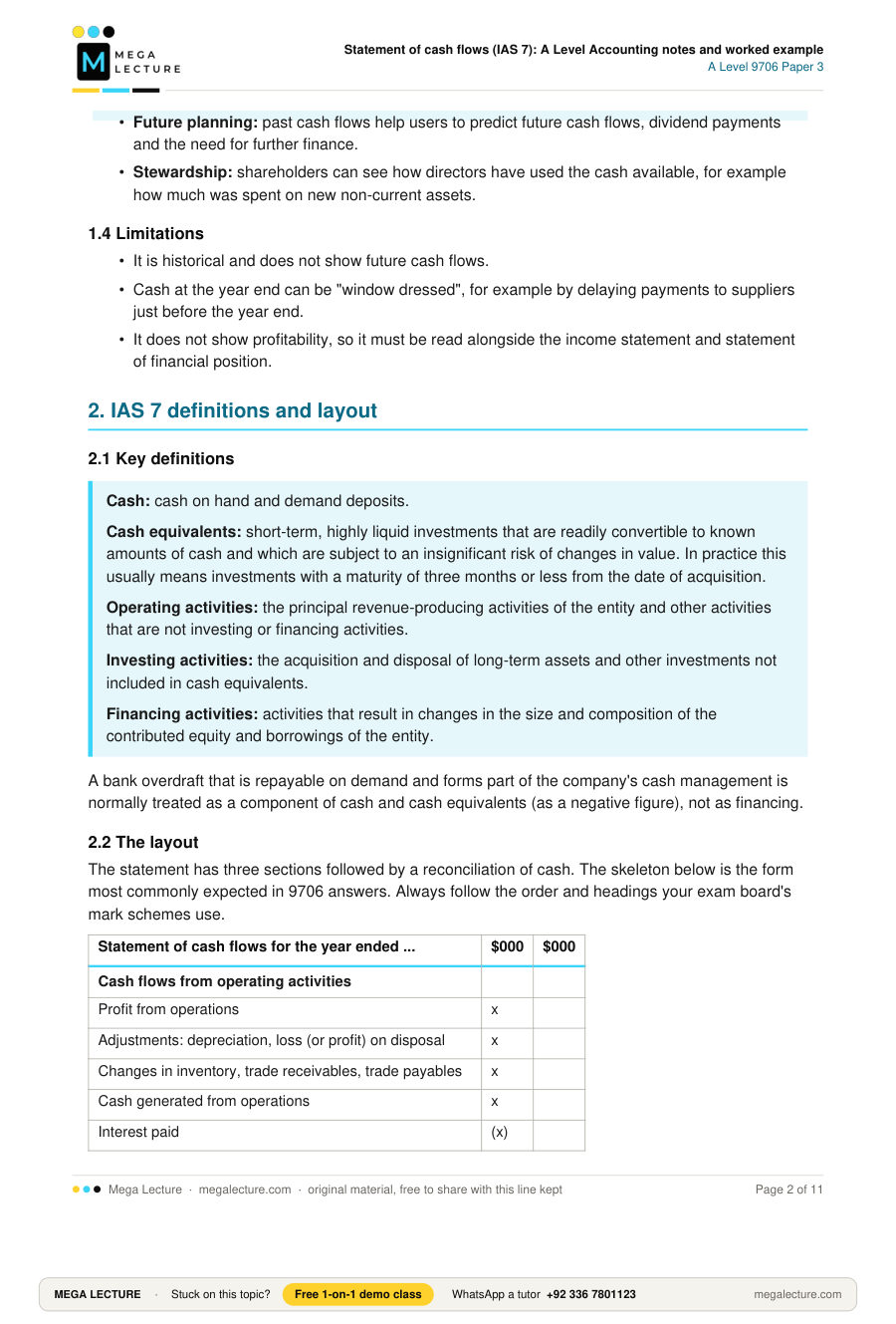 Page 2 of Statement of cash flows (IAS 7): A Level Accounting notes and worked example